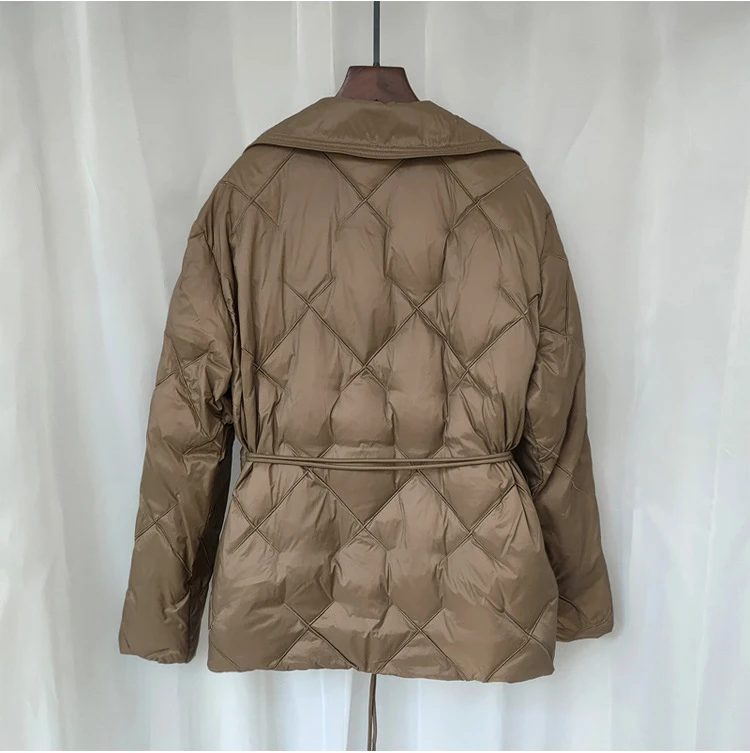 Schinteon Women White Duck Down Double Breasted Jacket Argyle Autumn Winter Outwear Office Lady Turn-down Collar Slim Coat 2026