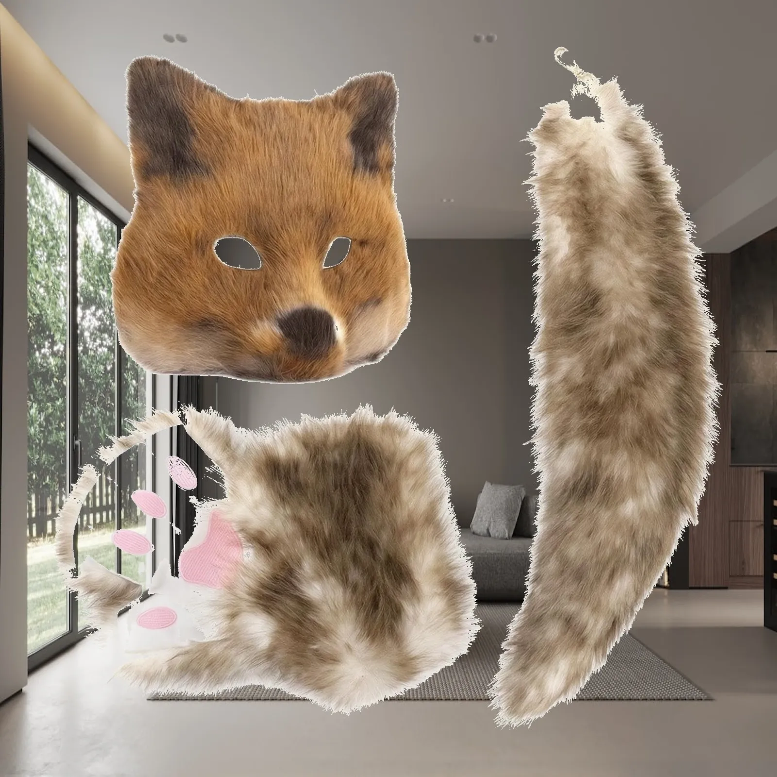 Faux Fur Fox Tail Costume Accessory Set with Animal Mask and Gloves for Themed Party Performance and Stage Show