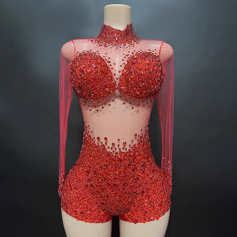 High Elastic Zipper Long Sleeved Mesh Diamond Tight Bodysuit Bar Nightclub Jazz Dance Singer Stage Performance Clothing 9 Colour