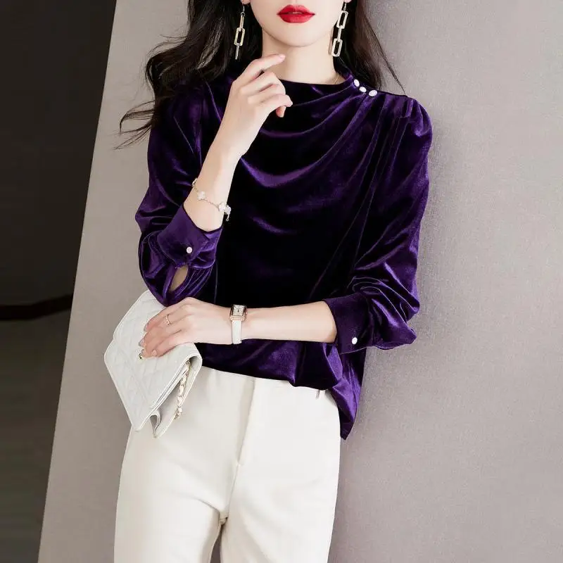 French Style Vintage Half High Collar Blouse Women\'s Clothing Basic Solid Color Autumn Winter Velvet Fashion Folds Button Shirt