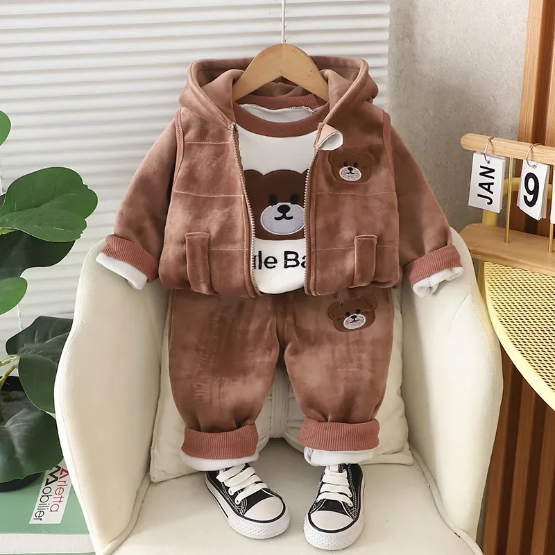 New Autumn Winter Warm Boys Girls Clothing Set Cartoon Bear Lined With Velvet Hooded Vest + Shirt + Pants 3Pcs Suit For Kids image 3