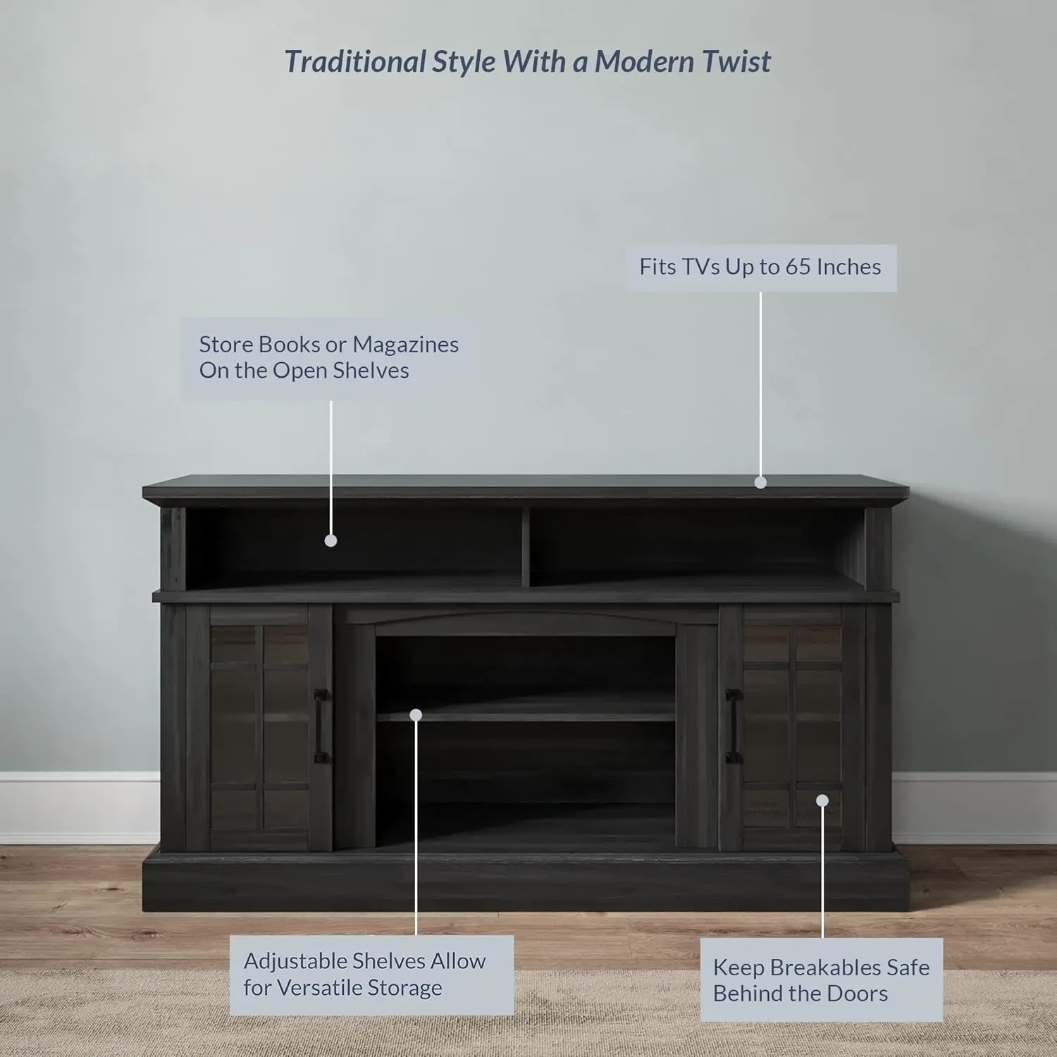 TV Stand, Rustic Wood Entertainment Center, Contemporary Media Console Table with Two Open Shelves and Glass Door Cabinets