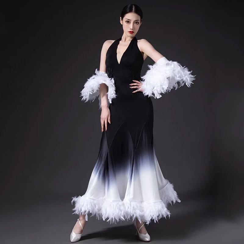 2024 White Feather Ballroom Dance Dress Women Performance Clothing Waltz Dance Costume Bubble Sleeves Tops Ballroom Skirt BL9768