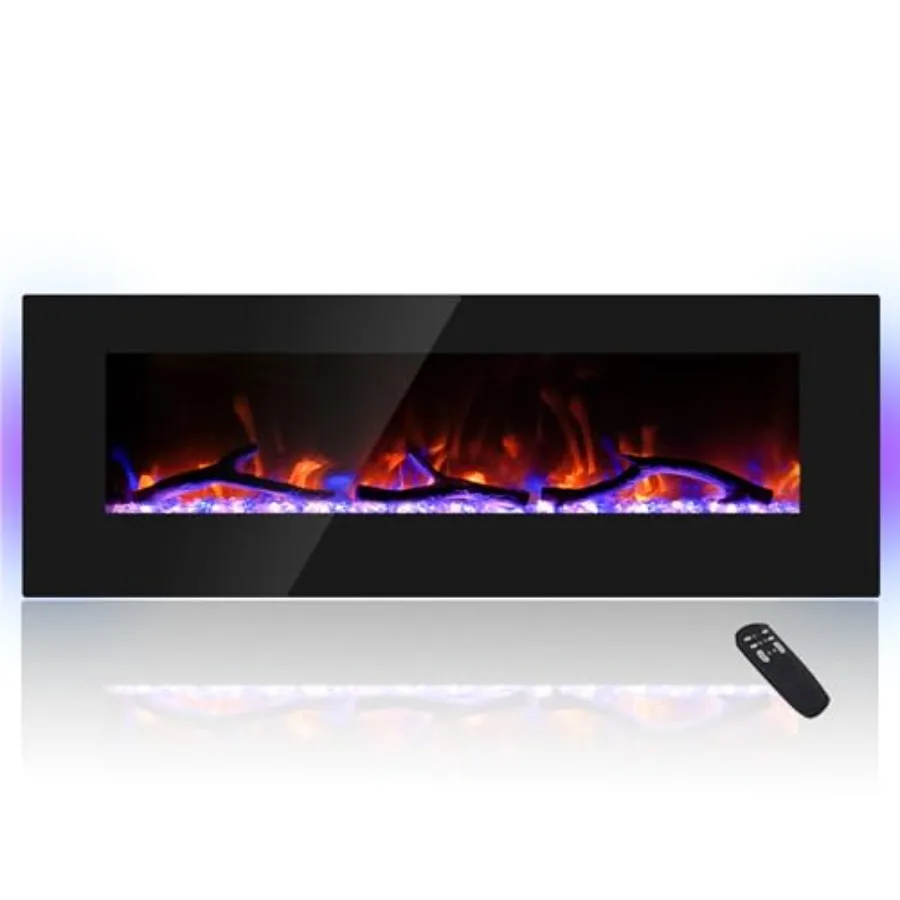 مدفأة كهربائية مقاس 50 بوصة مع مكبر صوت بلوتوث، سخان مدفأة مثبت على الحائط يتميز بـ 5 مصابيح سبوت و7 إعدادات لهب