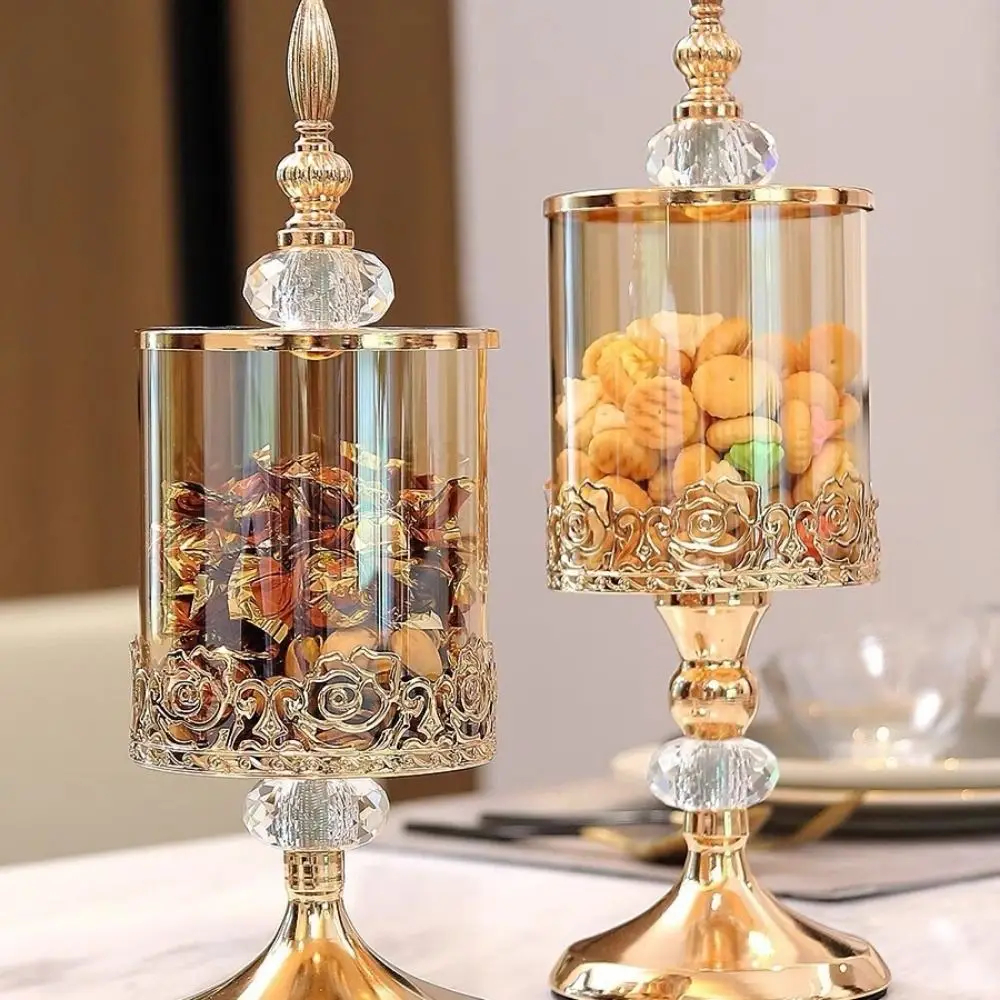 Neues europäisches Kristallglas-Vorratsglas, luxuriös, mit Deckel, Rosen-Süßigkeitenglas, hochfüße Kunst, Heimdekoration, vergoldete Aufbewahrung