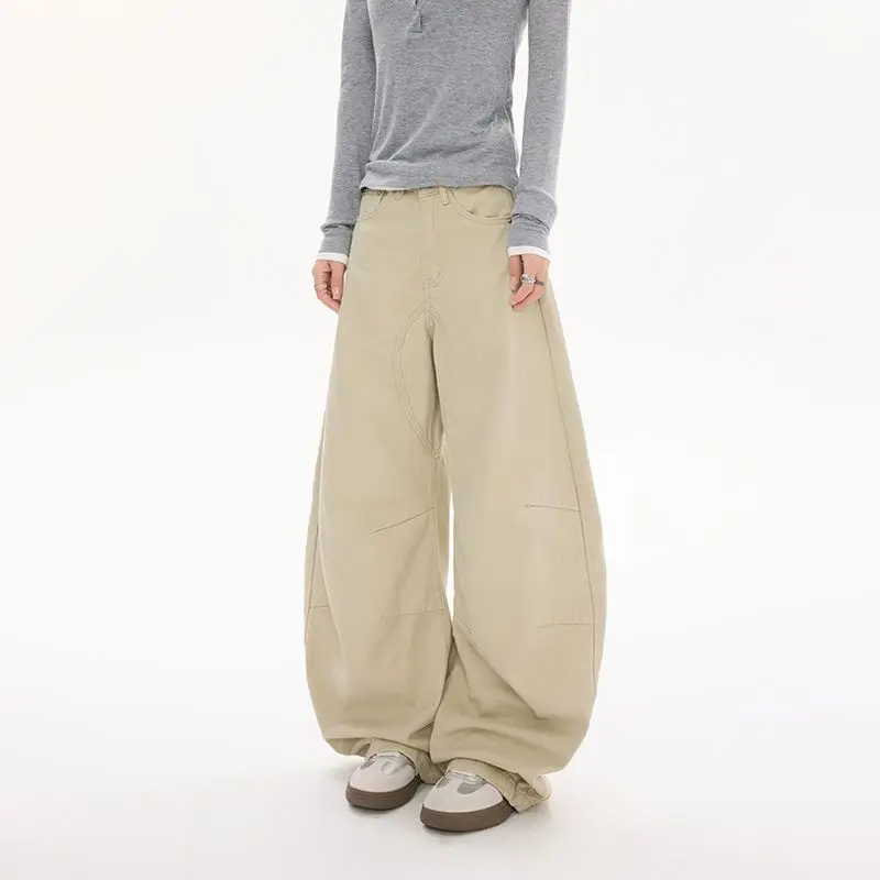 

Прямые брюки с высокой талией длиной до пола, широкие брюки в американском стиле ретро для мужчин и женщин, новый дизайн 2025, джинсы абрикосового цвета Sensation