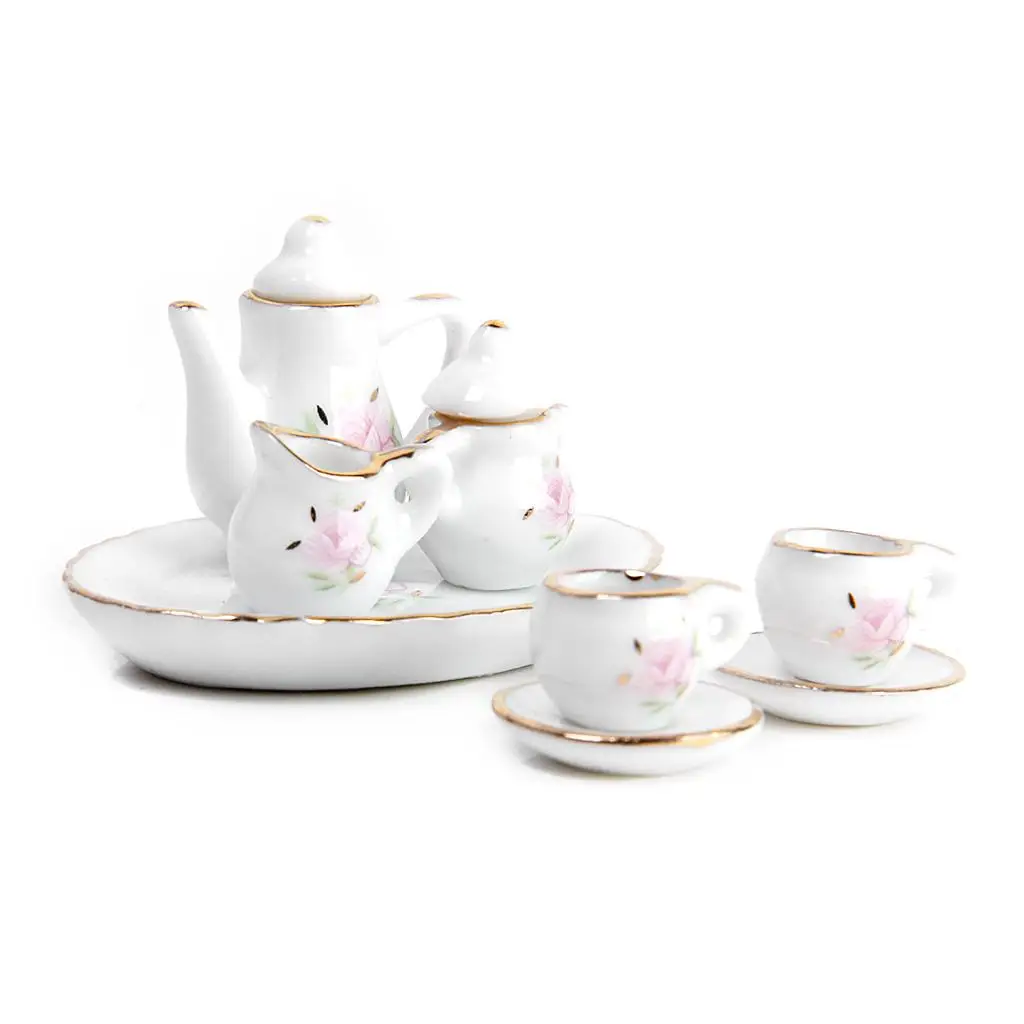 Juego de té de porcelana para casa de muñecas, artículos de comedor en miniatura, plato, taza, plato, decoración Floral para restaurante, cocina, juguetes para juego de imitación, 1/12