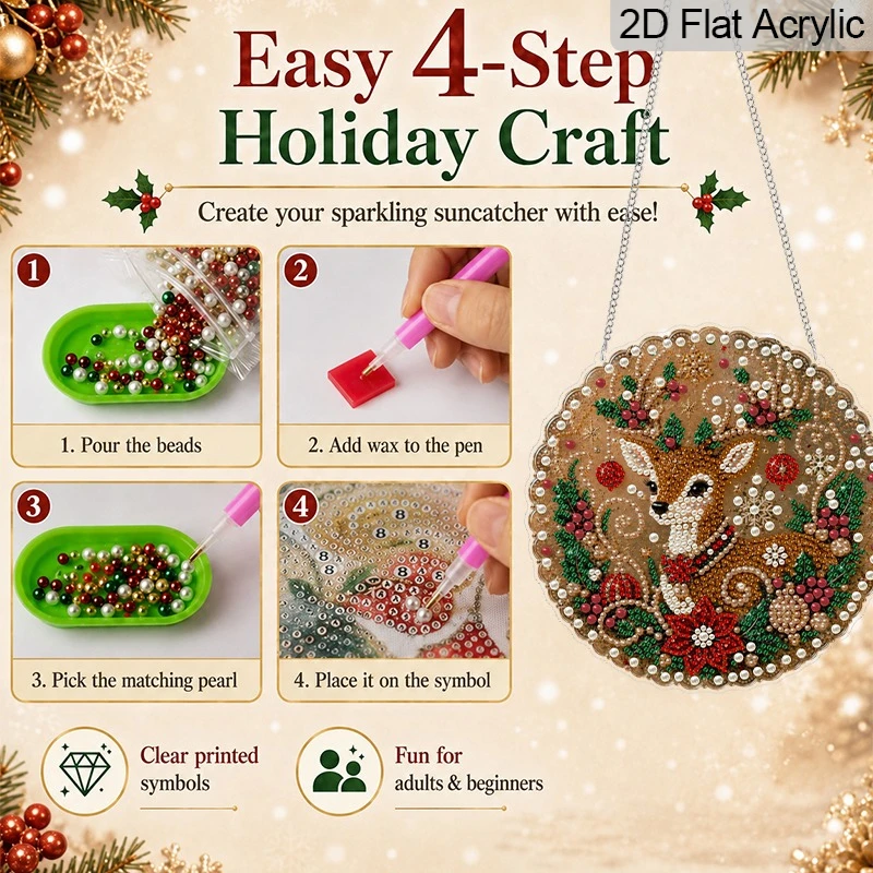 2D Flat, 1pc 11.8in/7.87in Round Acrylic Christmas Pearl Diamond Painting Hanging Ornament, Cute Reindeer Floral Pattern, Mixed