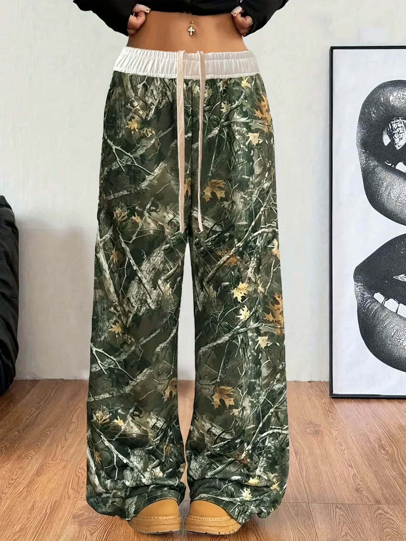 

Большие размеры 1XL-5XL, женские модные стильные широкие брюки с камуфляжным принтом, эластичный пояс с завязками, удобные милые брюки