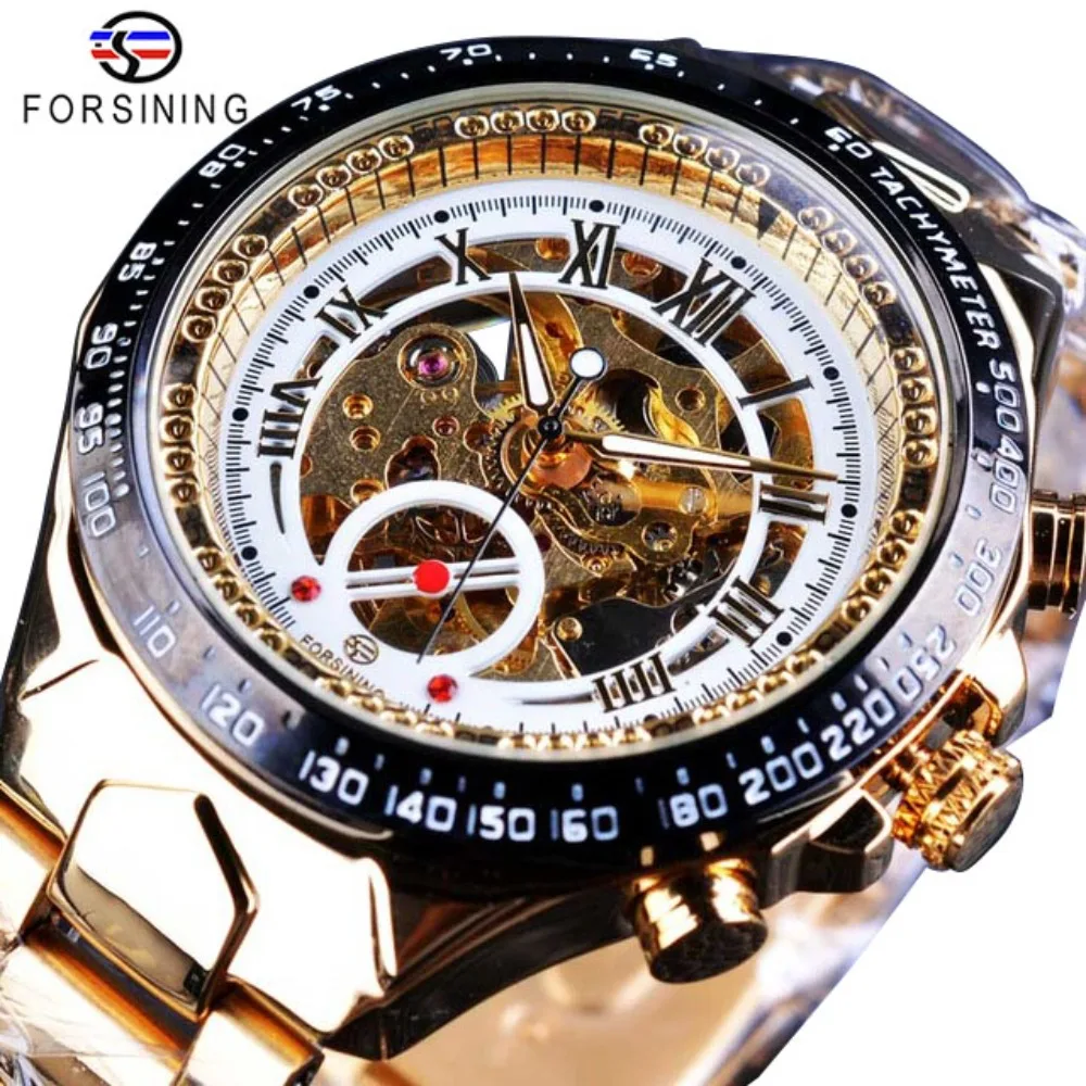 New Forsining Hollow Watch Golden Racing Sport Waterproof Watch Men\'s Mechanical Hand Watch Silver Stainless Steel. Men\'s Gift