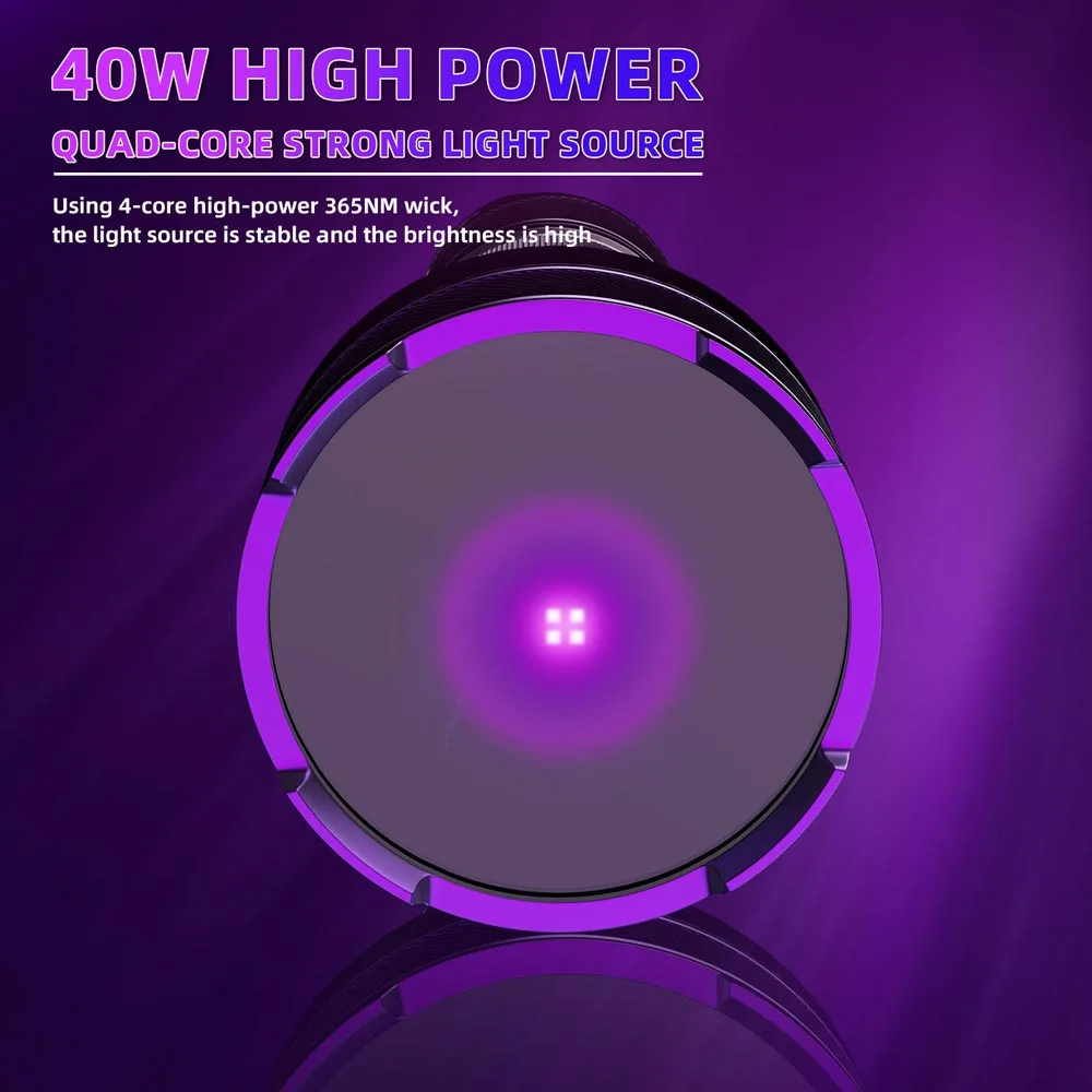 ضوء الخشب 40 واط رباعية النواة LED 36nm الأشعة فوق البنفسجية مصباح يدوي عالية الطاقة المحمولة مقاوم للماء 21700 قابلة للشحن العقرب الفلورسنت الكاشف