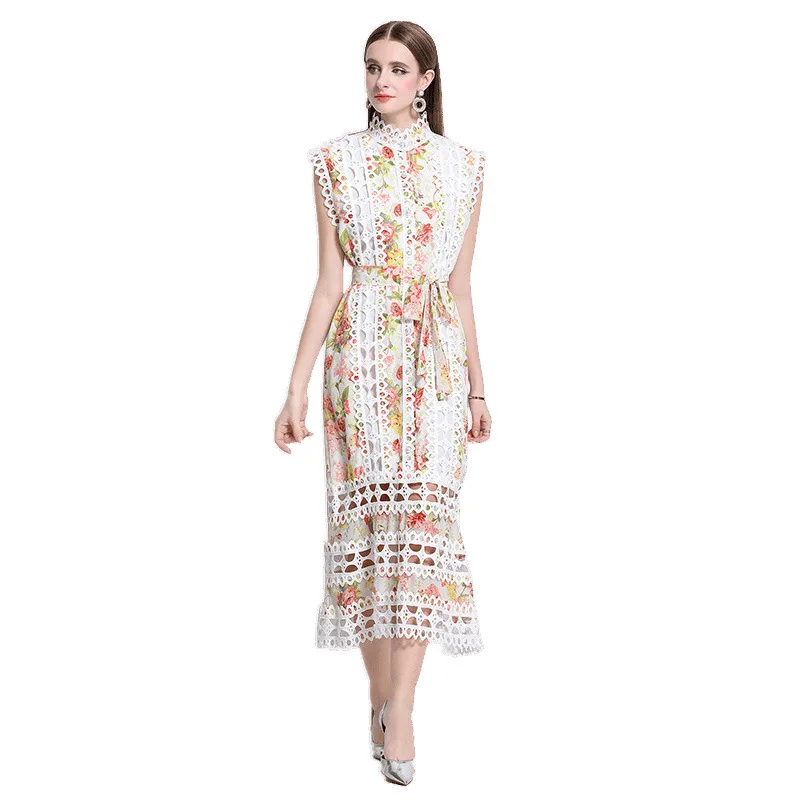 Ele Hollow Out Lace A-lijn Rok Stand Kraag Afslanken Zomer Hof Sle Dames Dr Faionable Chinese Thi Stof