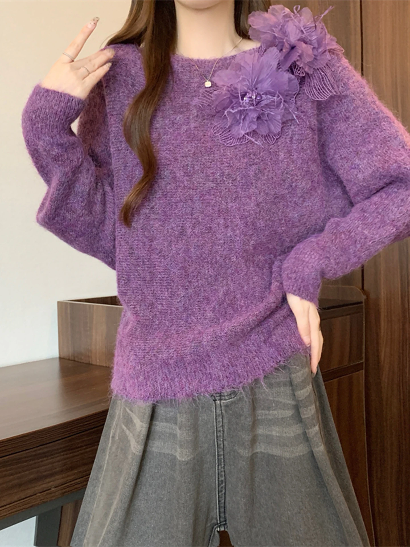 Suéter morado Thiened Batwing Sve para mujer, Base de punto suave y cálida de invierno, dulce Sle, corte holgado, largo, redondo, Ne