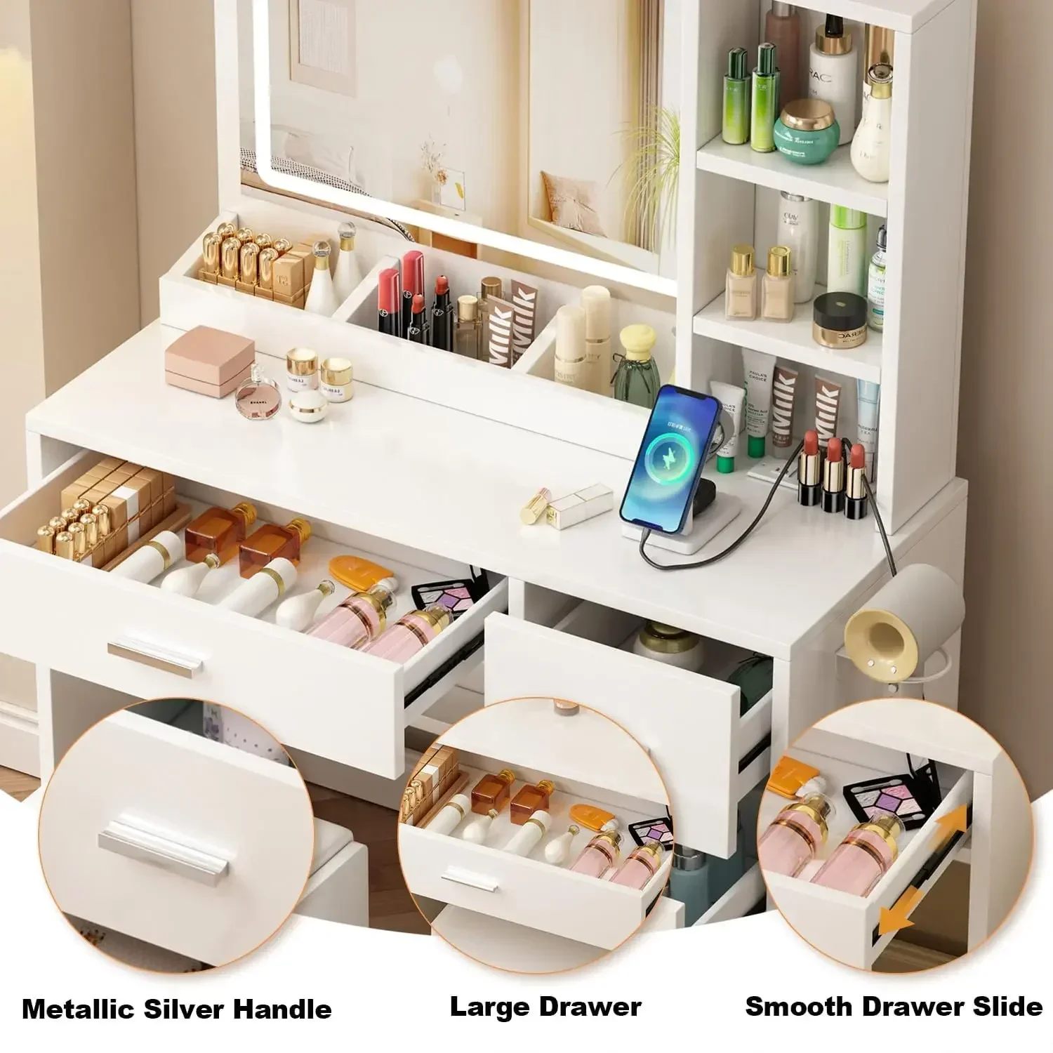 OTOQS Vanity Desk with Mirror and Lights, 4 Drawers & Benches Vanity Desk Set, 3 Color Lighting Modes Adjustable Brightness Vani
