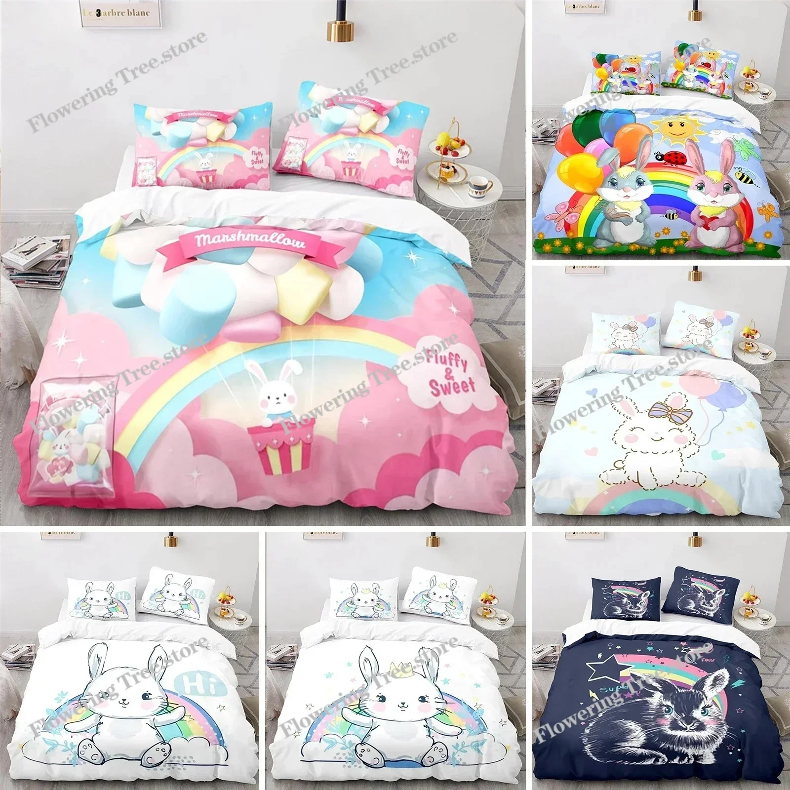 Cartoon Animal Duvet Cover Cute Rainbow Rabbit Bedding Set Microfiber Wildlife Quilt Cover Twin Size For Girls Boys Kawaii Room