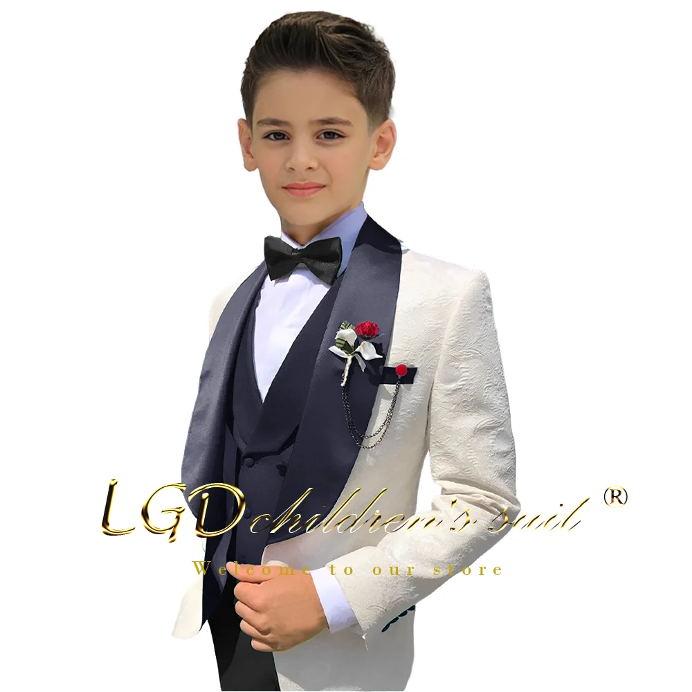 Children's wedding suit dress 3 piece set, custom boys ivory white floral jacket fashion vest shawl collar black pants suit