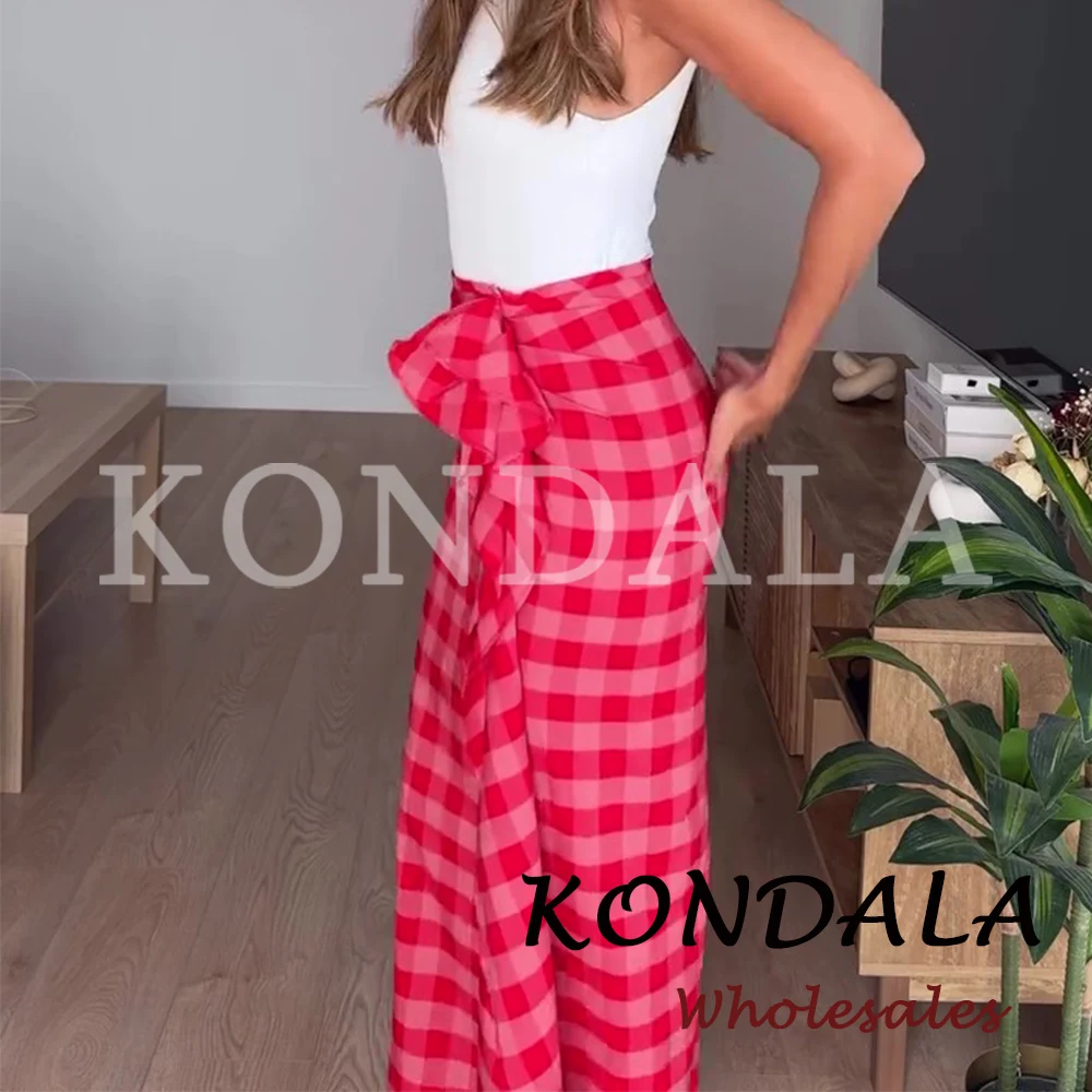 KONDALA Chic Streetwear Red Plaid Asymmetric Summer Skirt Fashion 2026 Tiered Modern Skirt High Street Y2K Club Party Y2K Skirts