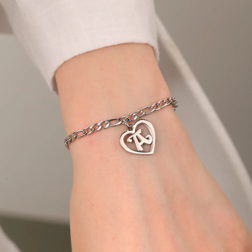 Summer 2024 New A-Z Girl Initial Heart Pendant Golden Silver color Stainless Steel Bracelet Fashion Jewelry Girlfriend Gifts