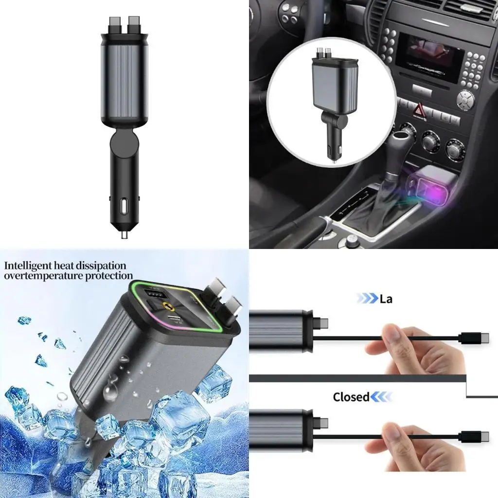 

652F 4 in 1 Fast Car with Star Projector Light Car Charging Adapter Cable Double USB C & USB A Car Adapter