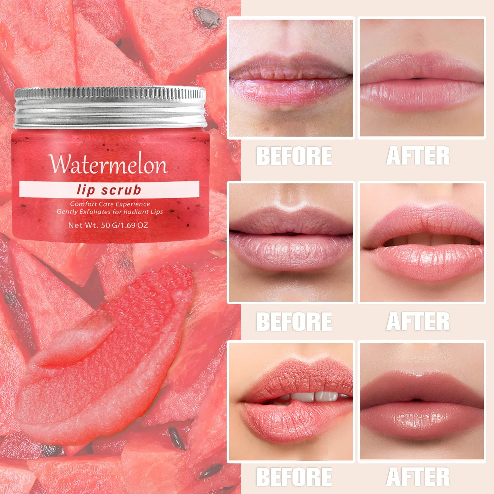 مقشر الوجه بالفواكه 50 جرام - نكهات البطيخ والفانيليا تقشير وترطيب وتقليل تجاعيد الشفاه. علاج تجديد الجلد.