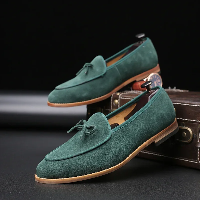 

Cow Suede Loafers for Men Bowknot Round Toe Slip-On Fashion Business Handmade Men's Shoes Size 38-48