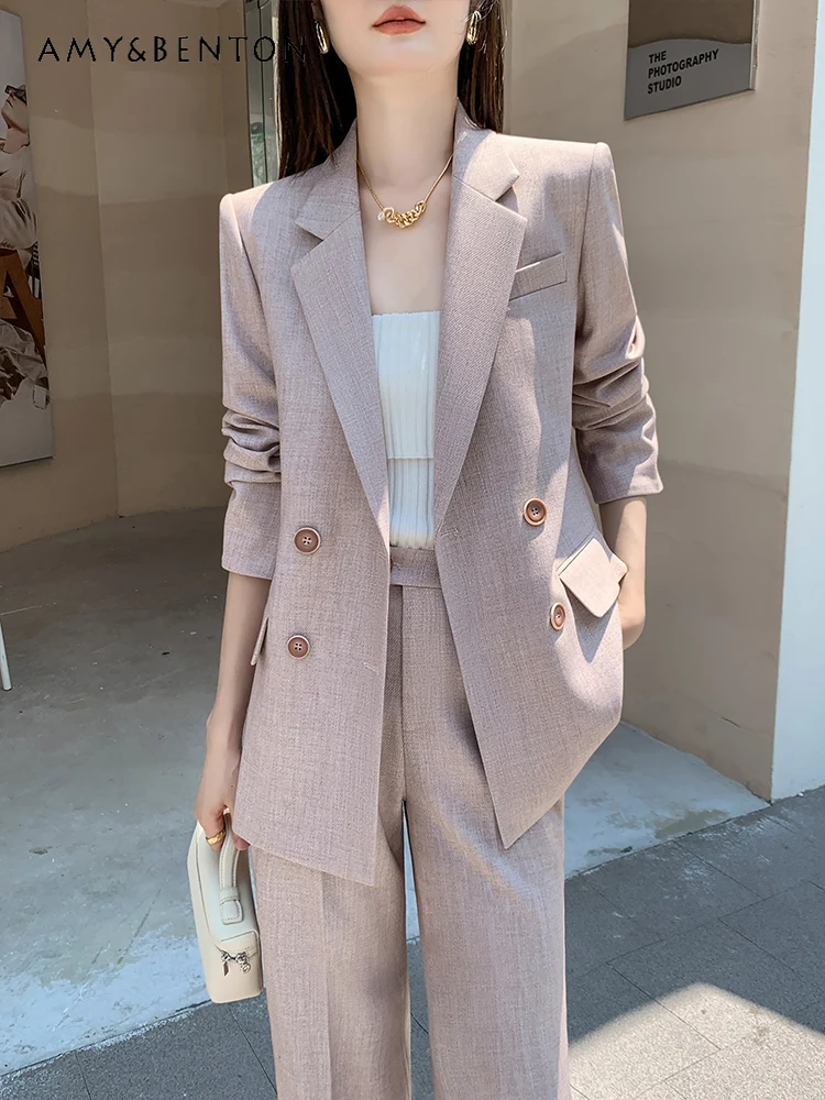 

Commute Style Casual Suit Women Autumn Winter High-Grade Cross Collar Slim Jacket Wide-Leg Pants Business Two-Piece Set Women