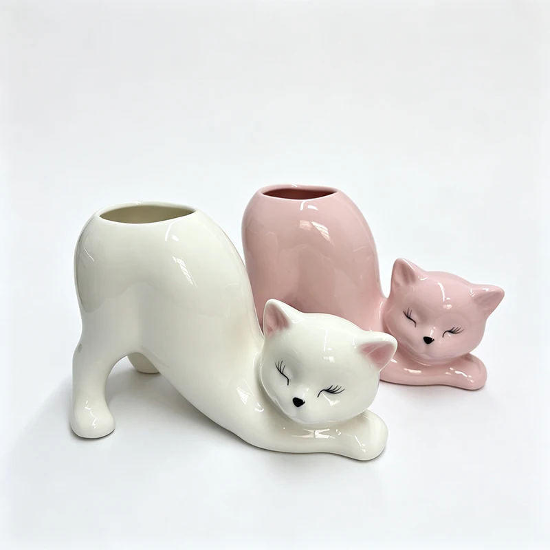 Creative Cute Cat Ceramic Planter Cartoon Animal Succulent Pot for Monkey Tail Cactus, Desktop Home Decor Flower Vase