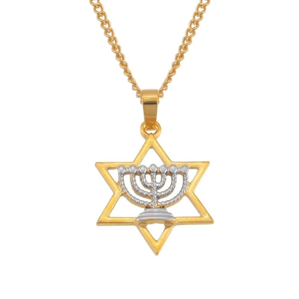 Anniyo Israel Hexagram Menorah Hanukkah Pendant Necklaces for Women Symbol of Judaism Jewelry Israeli Symbols Two Tone @122306