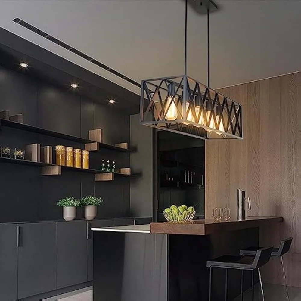 5-Light Height Adjustable Rectangular Black Linear Farmhouse Chandelier - Kitchen Island Lighting for Dining Room(No Bulbs)