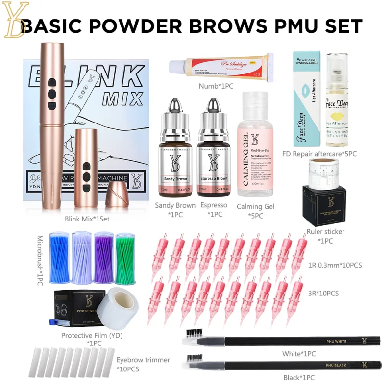 

YD Basic Powder Brows PMU Set Blink Mix Wireless Machine Pen Needles Eyebrow Ink Calming Gel for Beginer Artist Beauty Salon Use
