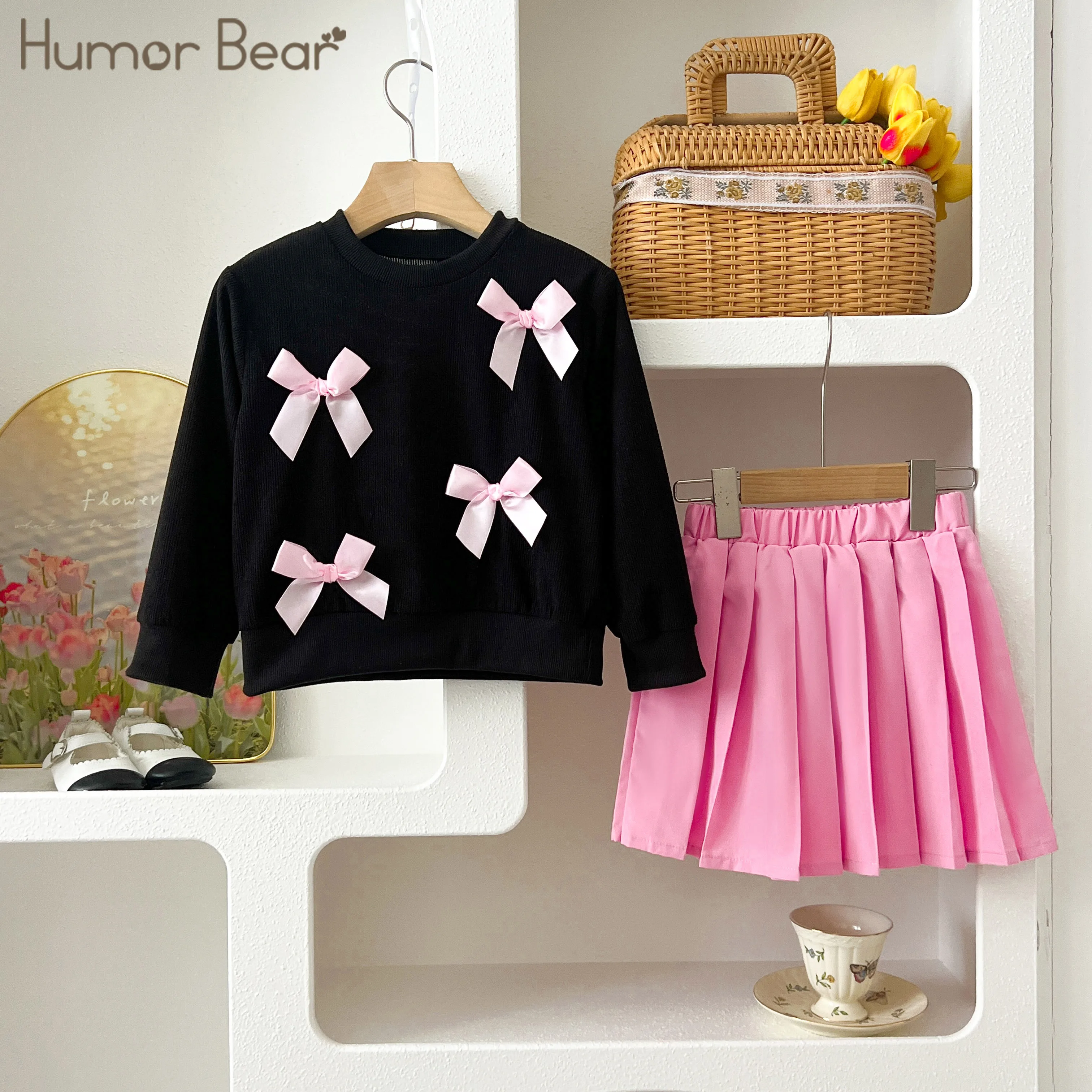 

Humor Bear Girl Clothes Two-piece Set for Girls Top + Pleated Skirt Kids Clothes Girls Toddler