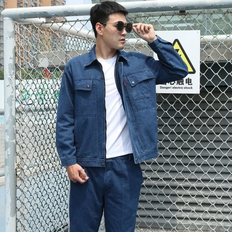 Combinaison de travail en denim épais pour hommes, résistante à l'usure et aux brûlures, à manches longues, pour le soudage et les chantiers de construction