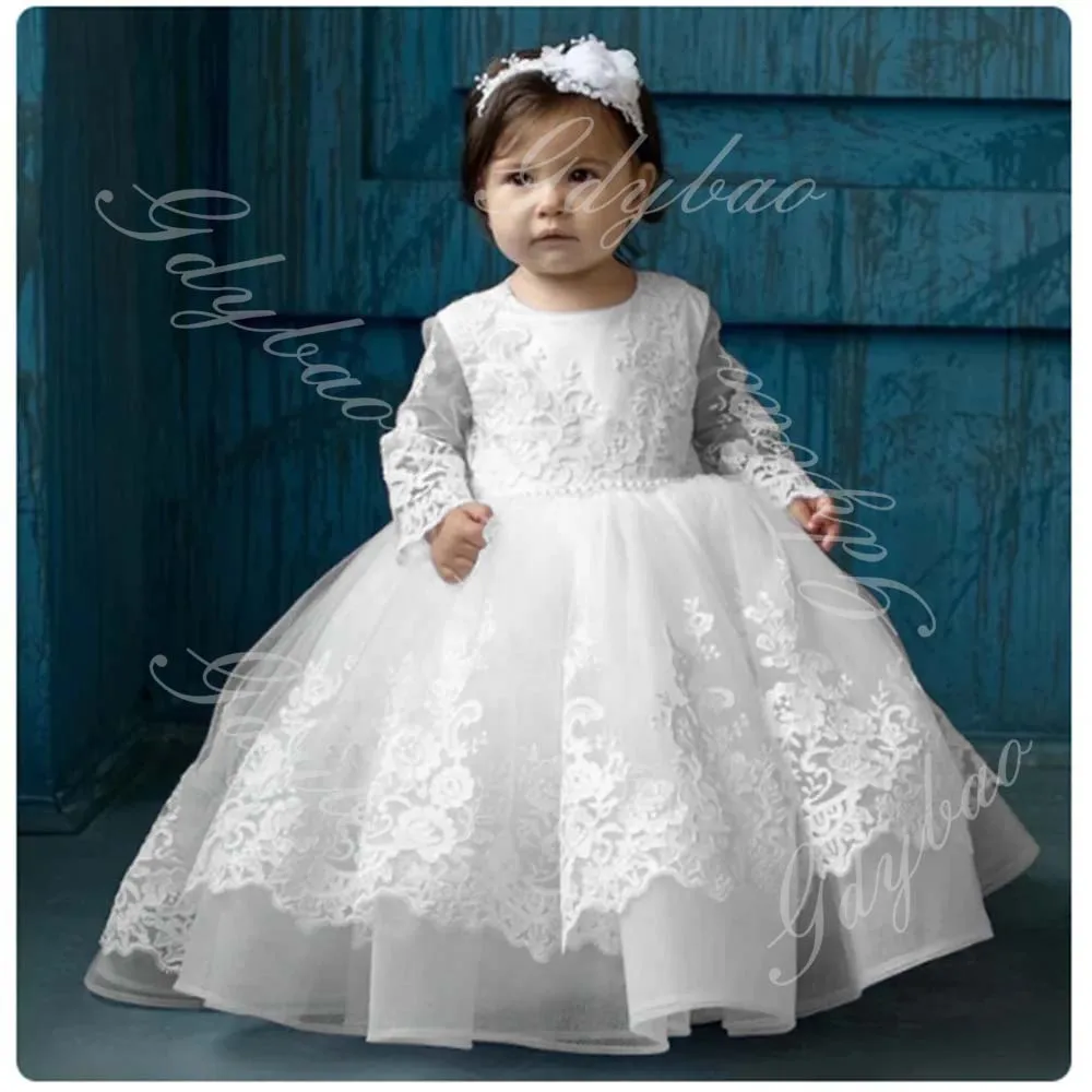 White Lace Flower Girl Dresses Full Sleeve Baby Girls 1st Birthday Wedding Party Dress Toddlers Pageant Communion Ball Gowns