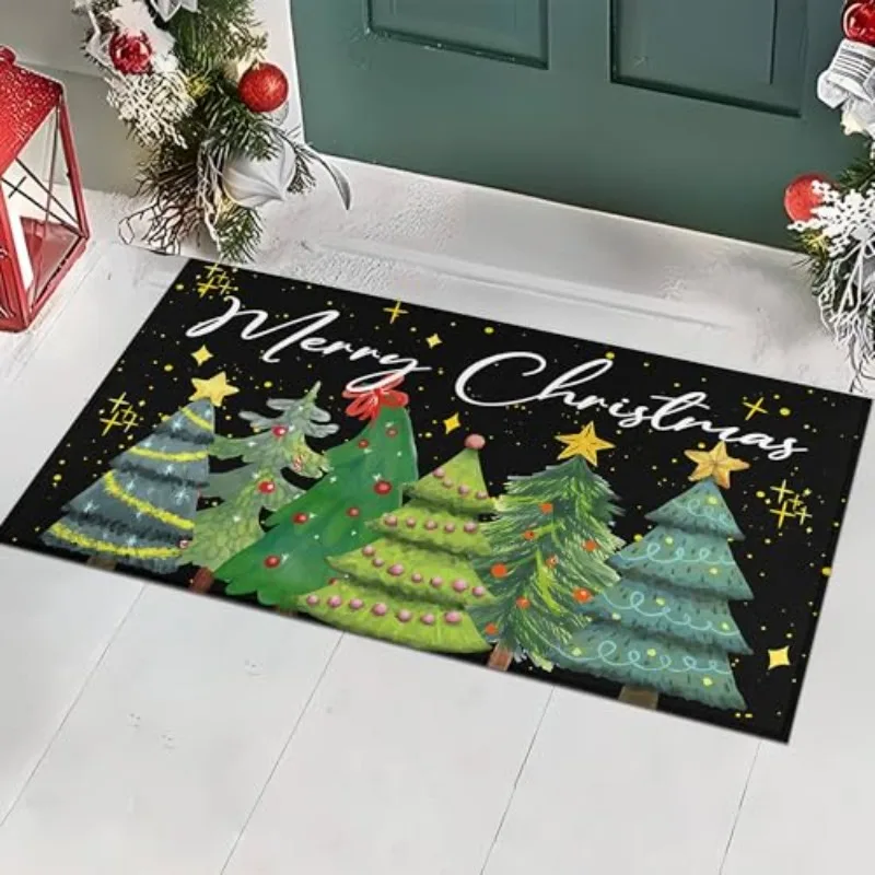Bright Printed Doormat Hand Drawn Green Xmas Tree Merry Christmas Star Art Floor Mat for Home Entry Indoors Outdoors Christmas