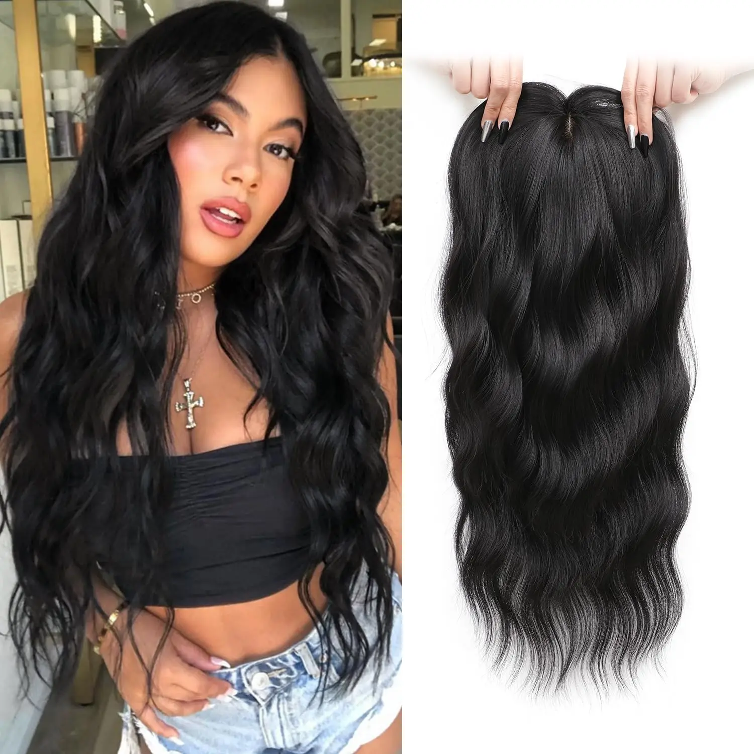 LM 24Inch Synthetic Middle Part Topper Hairpiece with Bangs Clip Bangs Extension Natural Invisible Clourse Hairpiece for Women