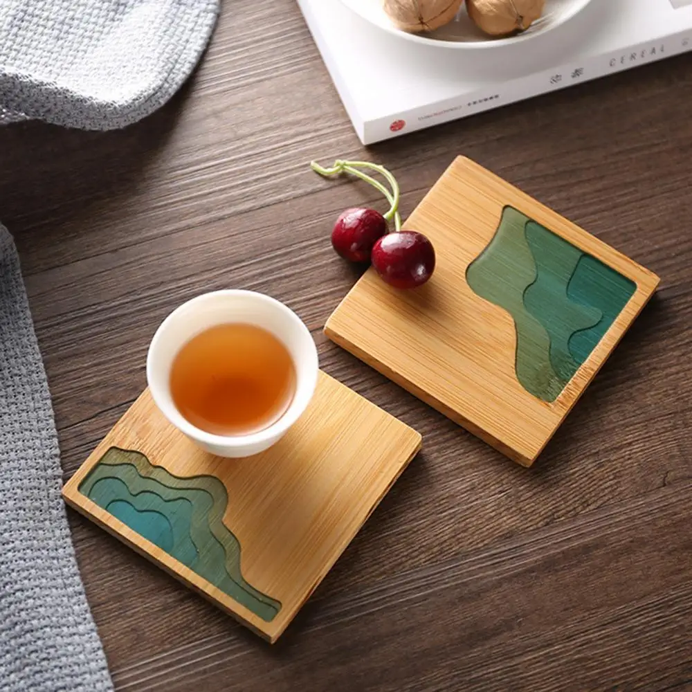 Epoxy Resin Transparent Bamboo Insulation Pad Landscape Coaster Cup Holder Mat Table Decoration Hot Drink Holder Mug Stand