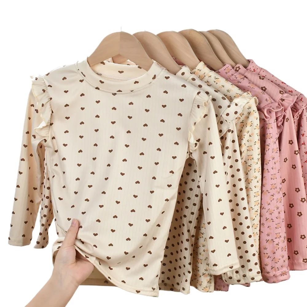 

Spring Autumn Children Solid Ribbed Bottoming Shirt Girls Ruffle Collar Floral Print Tshirt Kid Baby Casual Cotton Tees Clothes