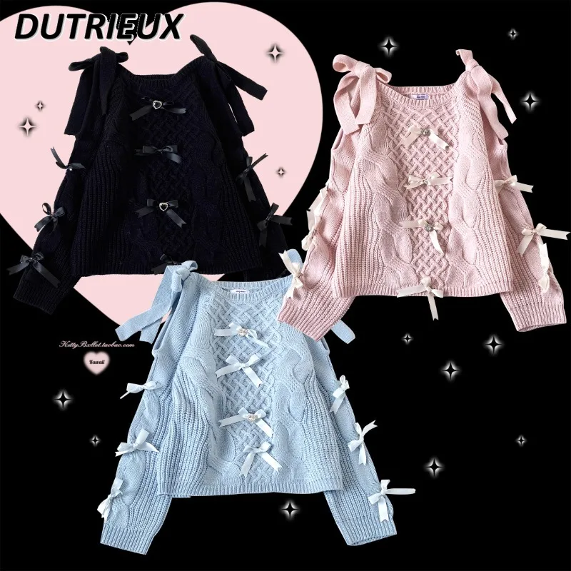 Japanese Autumn and Winter New Off-the-shoulder Loose Jumper Mine Sweet and Cute Girl Bow Long-sleeved Knitted Sweater