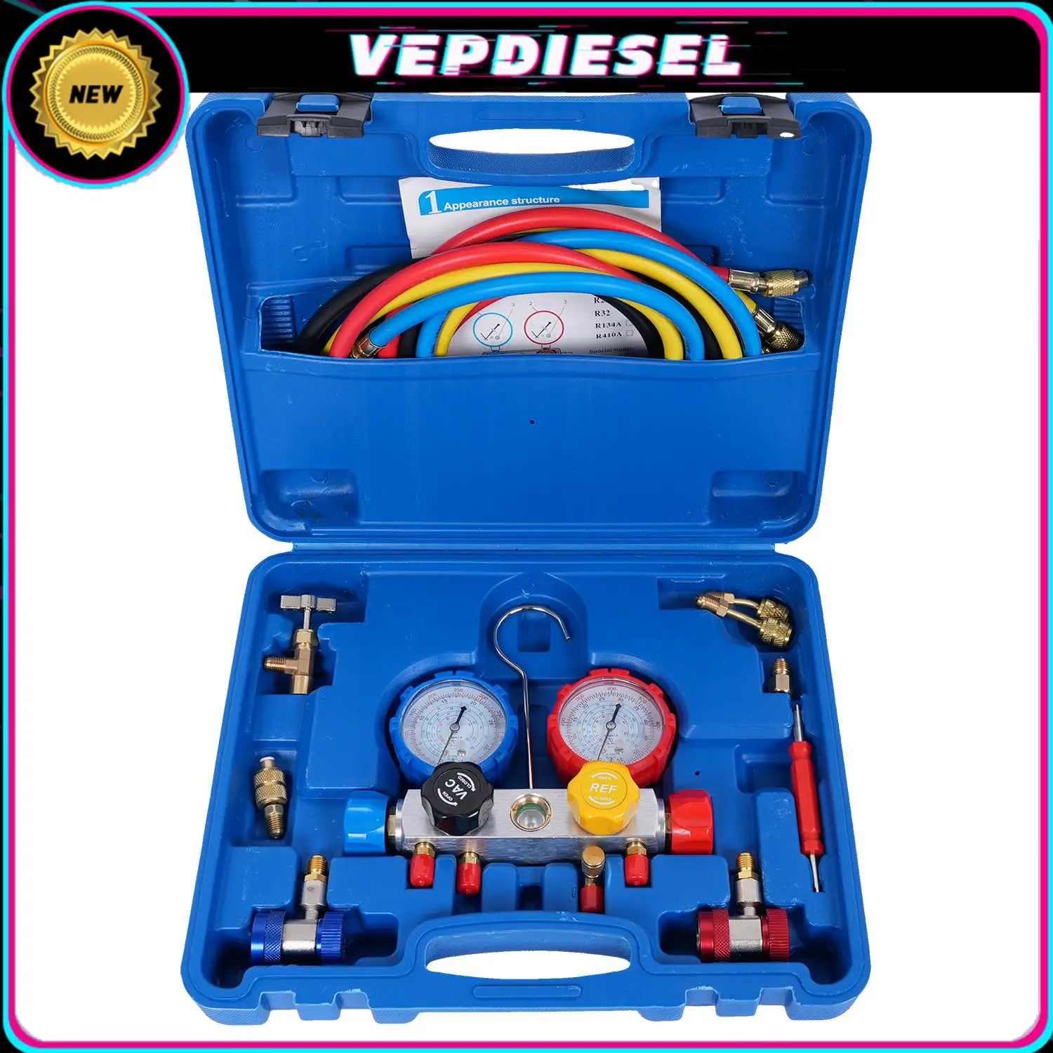 4 Valve Car Air Conditioning Diagnostic Manifold Gauge Set Will For R1234YF R134A R404A Refrigerants Freon Charging Evacuation