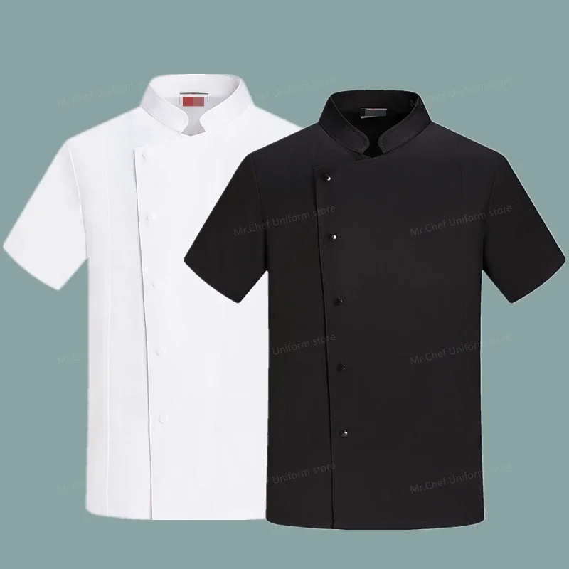 Chaqueta de Chef de manga corta para hombre, uniforme negro con delantal, abrigo de Chef de cocina de malla transpirable, ropa de trabajo, accesorios de chef