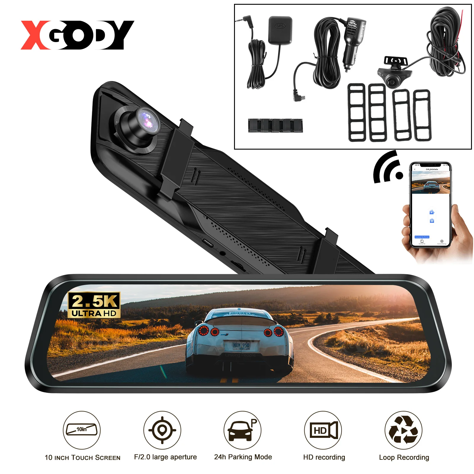 2.5K Rearview Mirror Dash Cam 10-Inch Touch Front&Rear Dual Lens WiFi GPS with TF Card