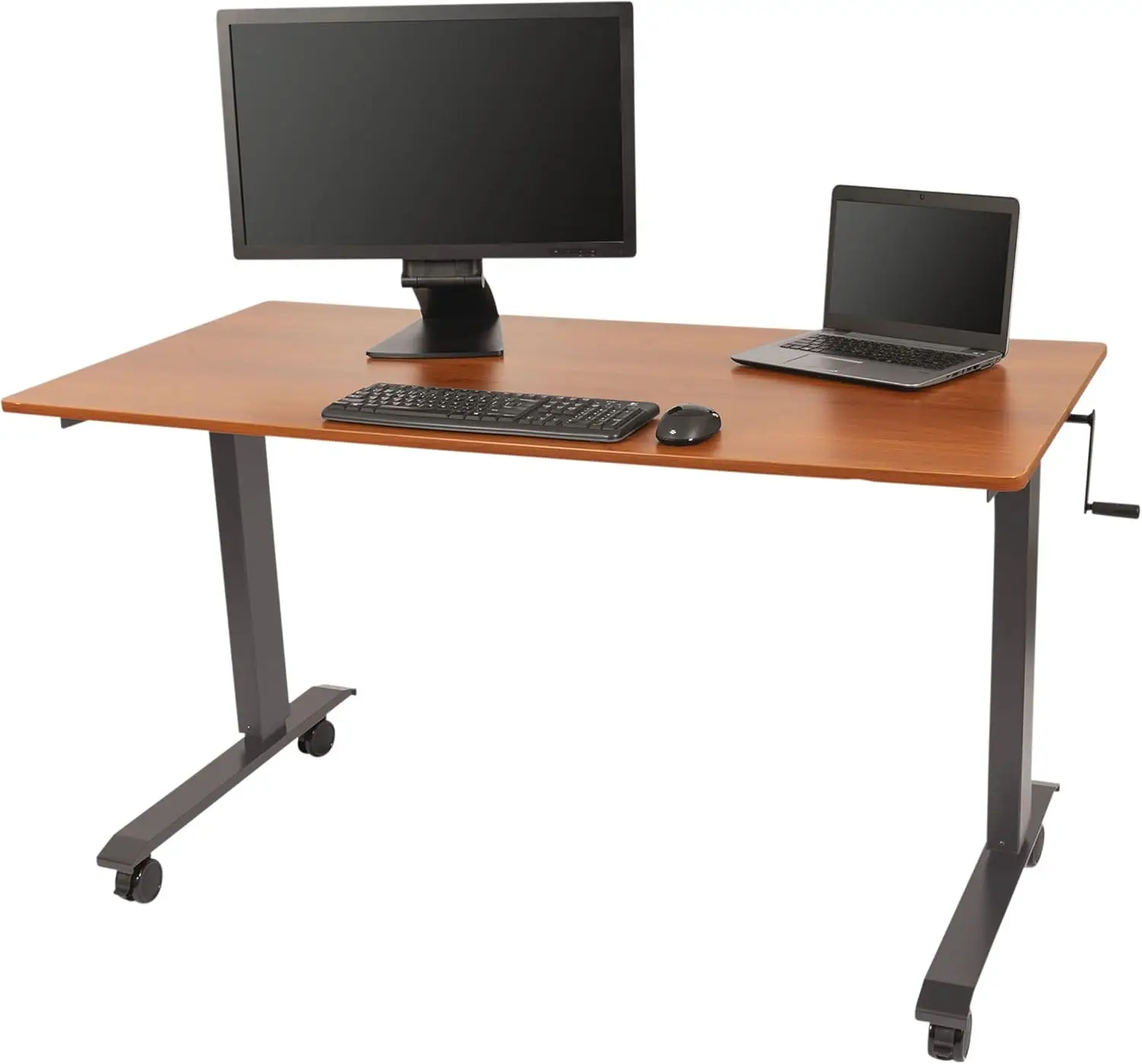 Stand Up Desk Store Crank Adjustable Height Rolling Standing Desk Charcoal Frame Teak Top Wide Spacious and Versatile Desktop