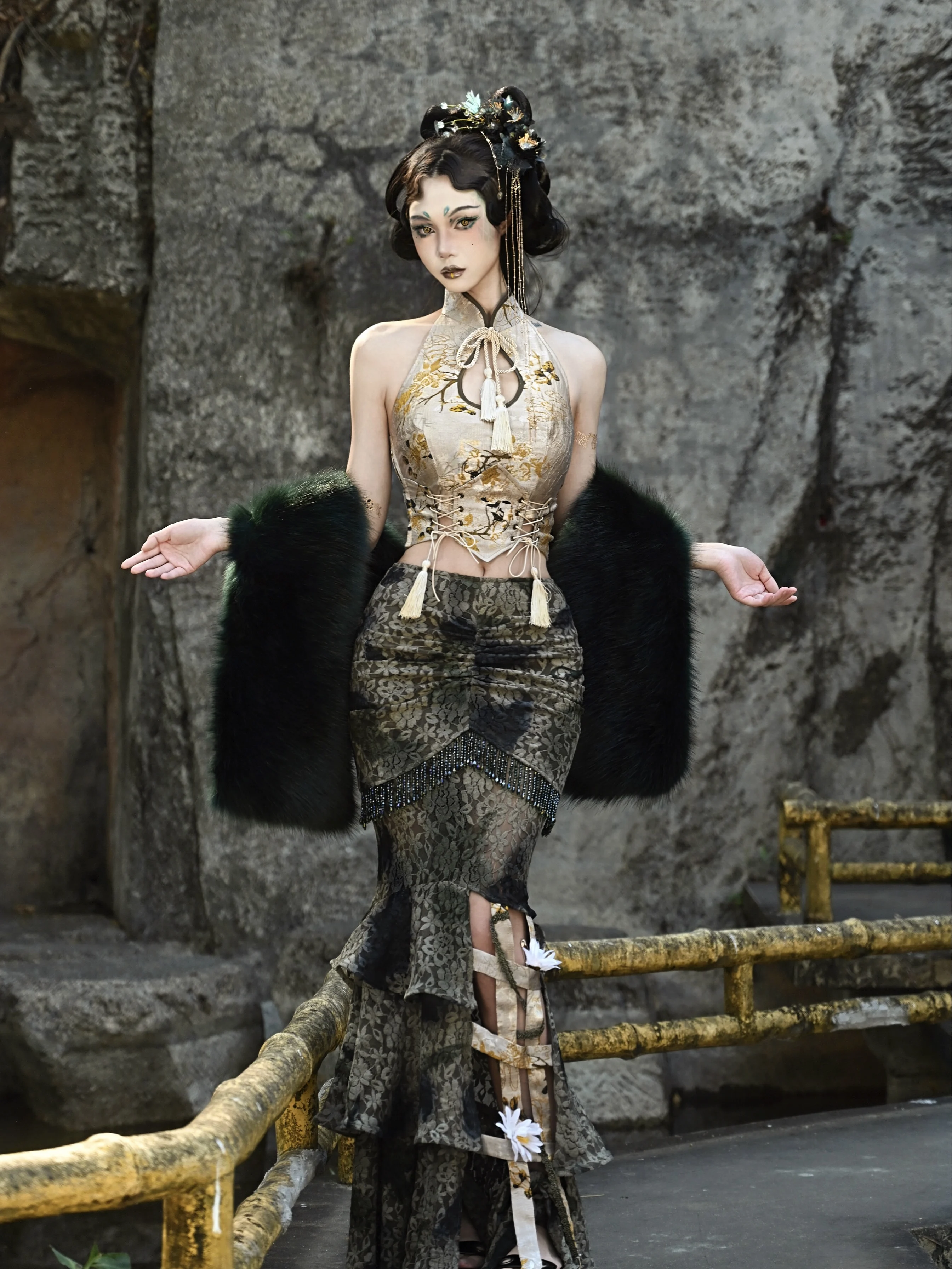 Chinese Tie-dye Slim Lace Fishtail Birdcage Skirt Spring Autumn Street Girls Age-reducing Fashion Fringed Long Irregular Skirts