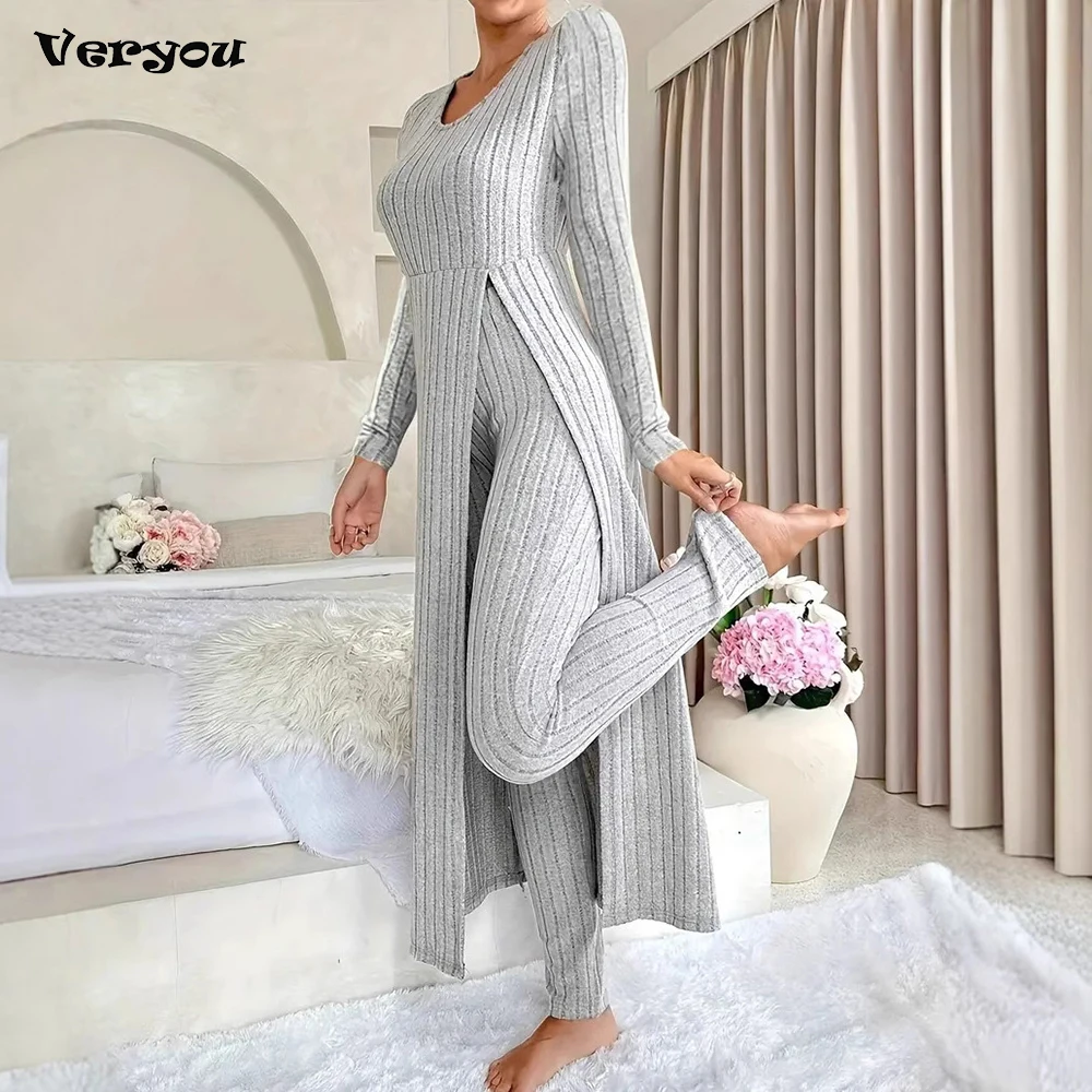 

Женский домашний костюм, осенне-зимний модный комплект из двух предметов, мягкая повседневная длинная рубашка с круглым вырезом, пуловер, топы, вязаные брюки, домашняя одежда, пижама