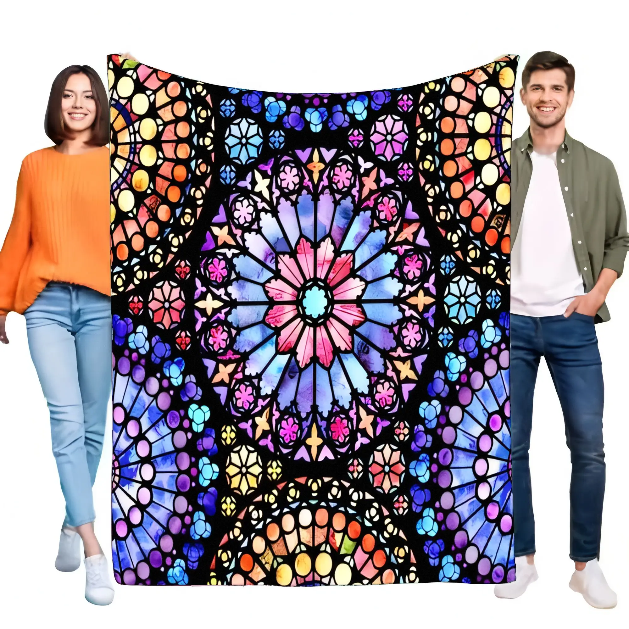 Vibrant Stained Glass Rose Window Blanket, Ultra-Soft Plush Flannel Fleece Throw, Cozy Warm Bed Sofa Home Decor, Artistic Unique