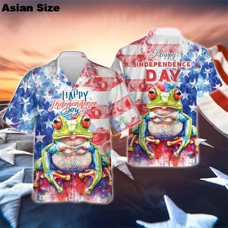 Cute Animal American Happy Independence Day Graphic Shirts For Men Clothes Fashion US Flag Lapel Blouse USA Patriotic Button Top