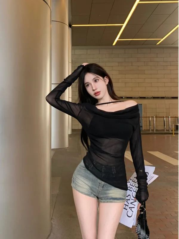 shoulder long sleeved mesh T-shirt for women\'s summer 2024 new spicy girl slim fit sun protection cover up transparent top AQ5V