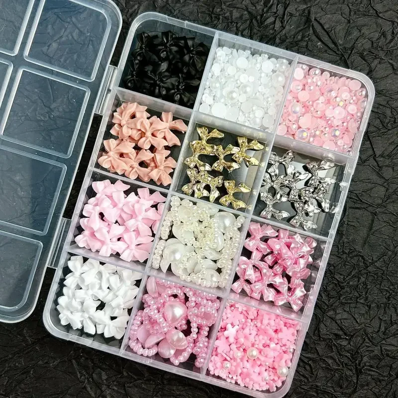 1Box Sweet Dreamy Multi-Color Resin Nail Art Charms with Bows Hearts Simulated Pearls for DIY Crafts & Party Nail Designs