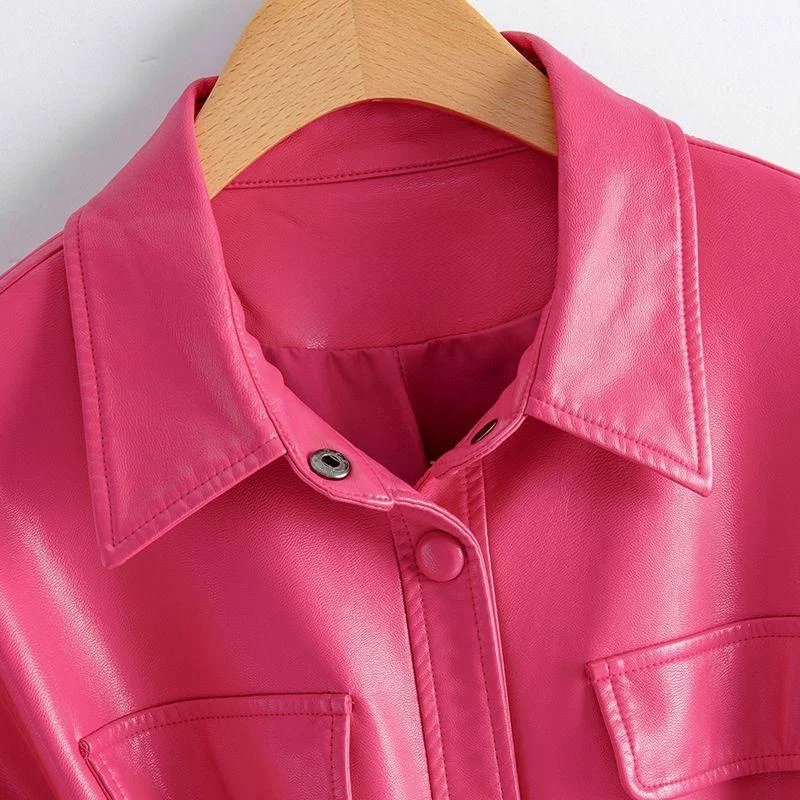 New Women Shirt Style Leather Jacket Spring Autumn Fashion Casual Turn-down Collar Lace-up Slim Leather Coat Split Leather