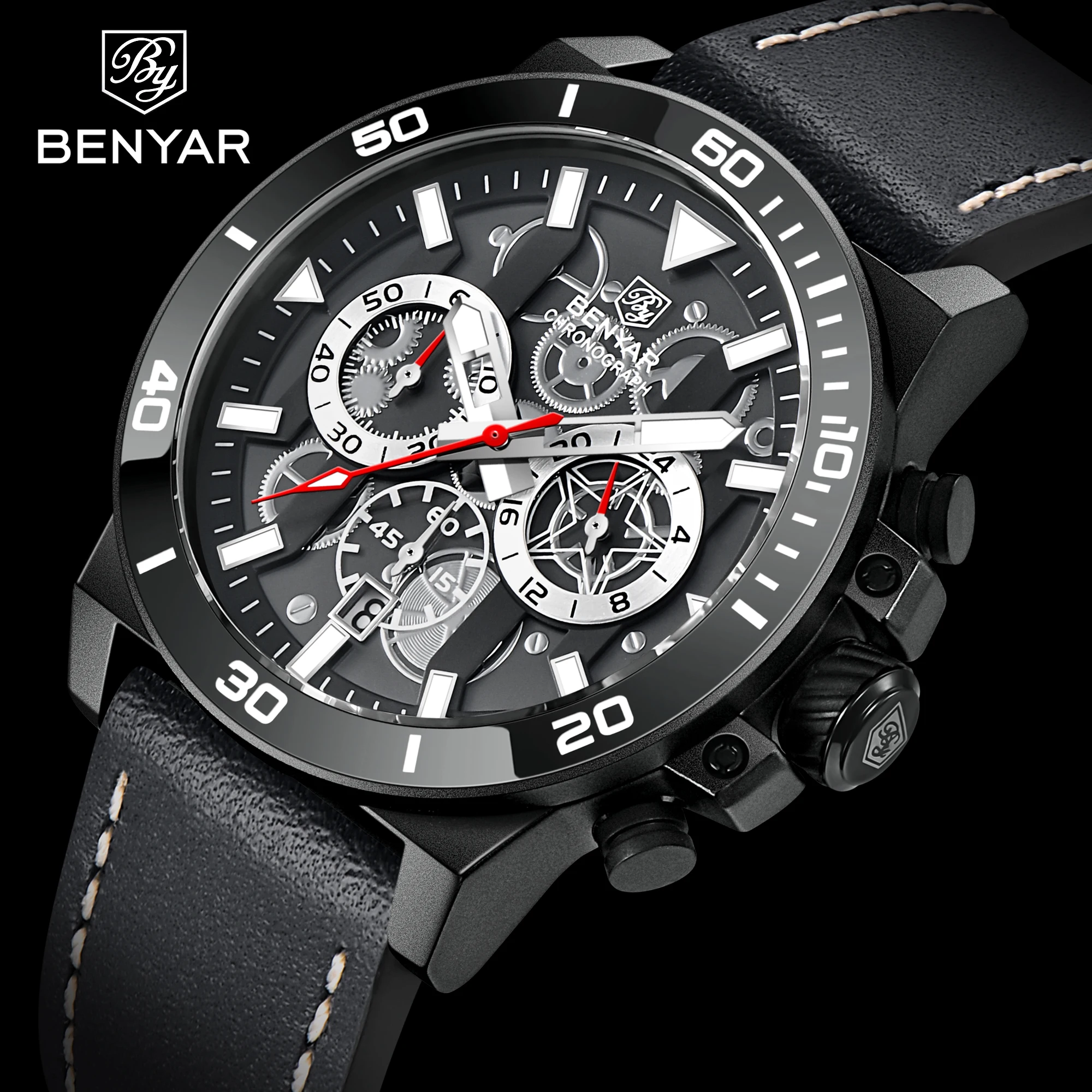 BENYAR 2022 NEW Men's Business Quartz Watch Sapphire Chronograph Waterproof Clock Leather Simple Relogio Masculino Watches